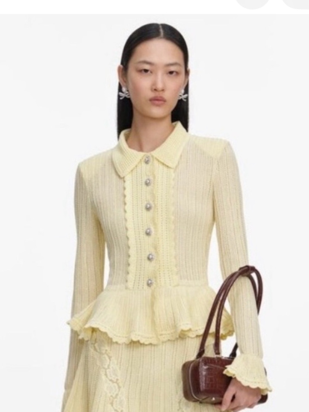 Authentic NWT Self-Portrait Yellow Pointelle Knit Peplum cardigan